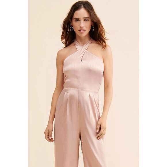Du Paradis Anthropologie Cross-Neck Satin Jumpsuit in Pink, Size Small - Picture 4 of 9
